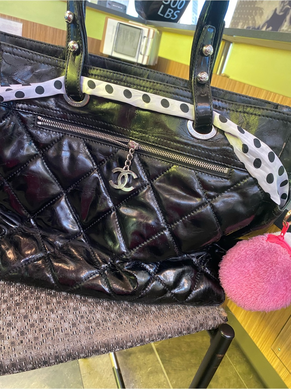 CHANEL Black Quilted Patent Leather Tote with CC Charm